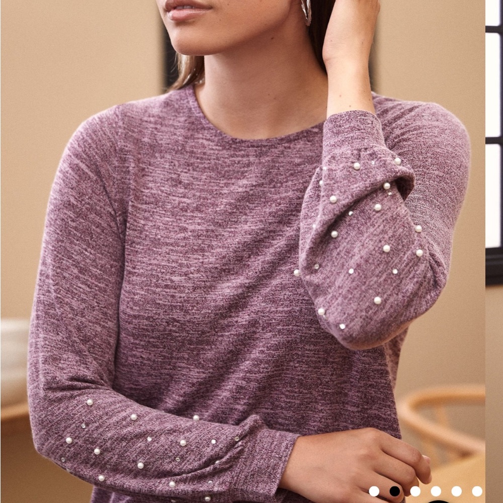 Laura Bead Pearl Detail Melange Knit Top Burgundy